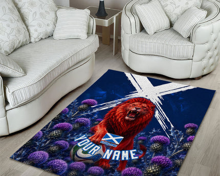 Personalized Scotland Red Lion Soccer Area Rug Scottish Saltire Flag Purple Thistle Cheering Fans