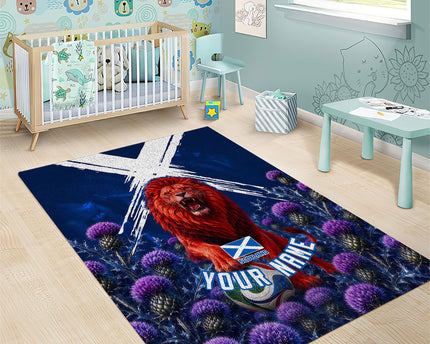 Personalized Scotland Red Lion Soccer Area Rug Scottish Saltire Flag Purple Thistle Cheering Fans