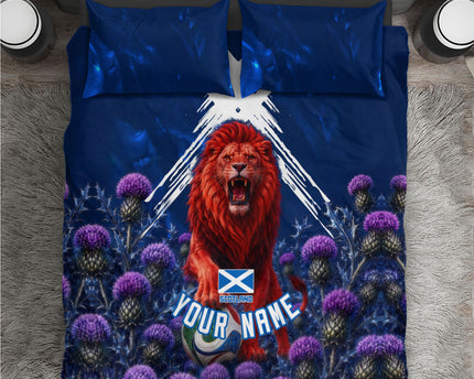 Personalized Scotland Red Lion Soccer Bedding Set Scottish Saltire Flag Purple Thistle Cheering Fans
