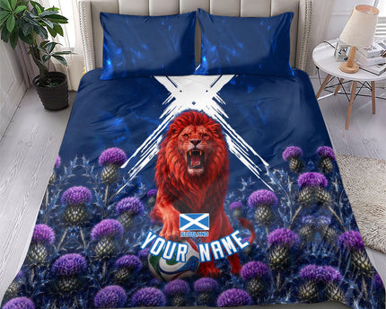 Personalized Scotland Red Lion Soccer Bedding Set Scottish Saltire Flag Purple Thistle Cheering Fans