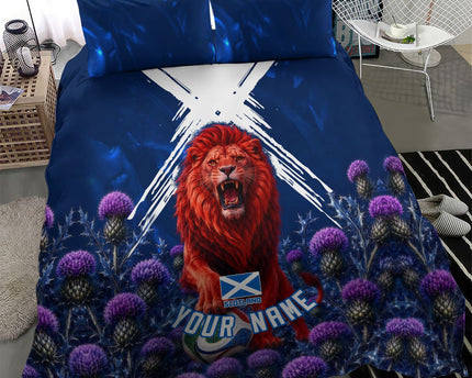 Personalized Scotland Red Lion Soccer Bedding Set Scottish Saltire Flag Purple Thistle Cheering Fans