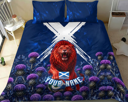 Personalized Scotland Red Lion Soccer Bedding Set Scottish Saltire Flag Purple Thistle Cheering Fans