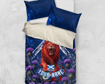 Personalized Scotland Red Lion Soccer Bedding Set Scottish Saltire Flag Purple Thistle Cheering Fans