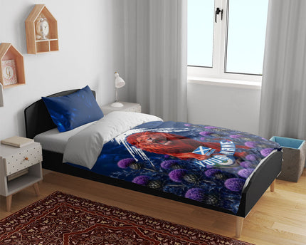 Personalized Scotland Red Lion Soccer Bedding Set Scottish Saltire Flag Purple Thistle Cheering Fans
