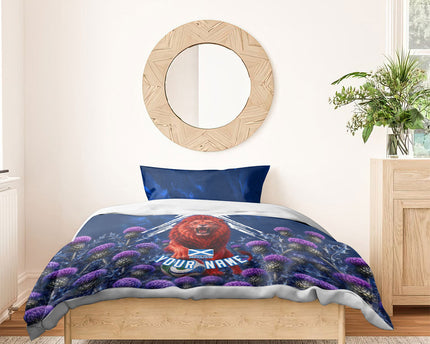 Personalized Scotland Red Lion Soccer Bedding Set Scottish Saltire Flag Purple Thistle Cheering Fans