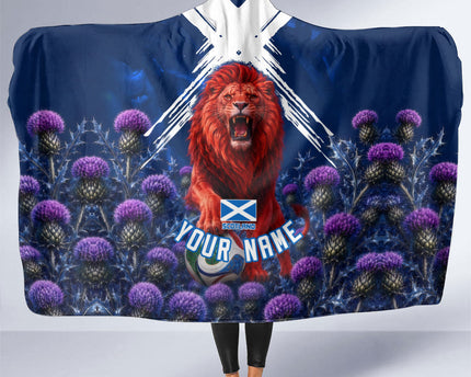Personalized Scotland Red Lion Soccer Hooded Blanket Scottish Saltire Flag Purple Thistle Cheering Fans