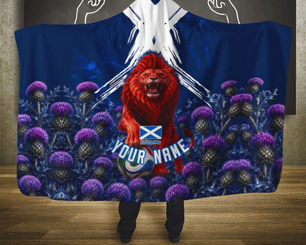 Personalized Scotland Red Lion Soccer Hooded Blanket Scottish Saltire Flag Purple Thistle Cheering Fans