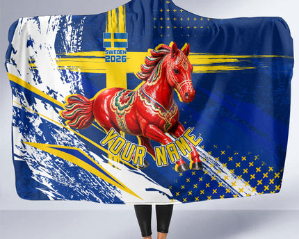 Personalized Sweden Dala Horse Soccer 2026 Hooded Blanket Grunge Swedish Flag Brush Strokes
