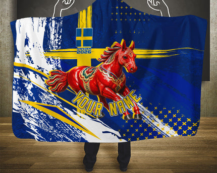 Personalized Sweden Dala Horse Soccer 2026 Hooded Blanket Grunge Swedish Flag Brush Strokes