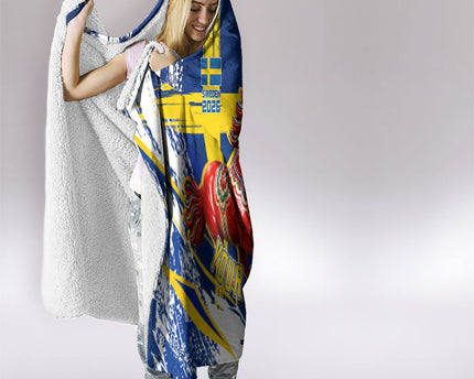 Personalized Sweden Dala Horse Soccer 2026 Hooded Blanket Grunge Swedish Flag Brush Strokes