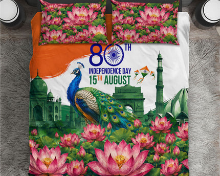 India 80th Independence Day Bedding Set India Gate Peacock Lotus Heritage Landmarks