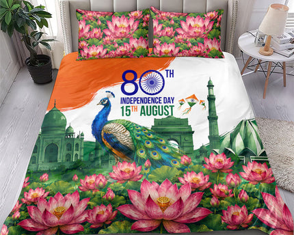 India 80th Independence Day Bedding Set India Gate Peacock Lotus Heritage Landmarks