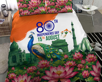 India 80th Independence Day Bedding Set India Gate Peacock Lotus Heritage Landmarks