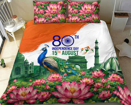 India 80th Independence Day Bedding Set India Gate Peacock Lotus Heritage Landmarks