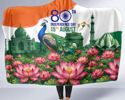 India 80th Independence Day Hooded Blanket India Gate Peacock Lotus Heritage Landmarks