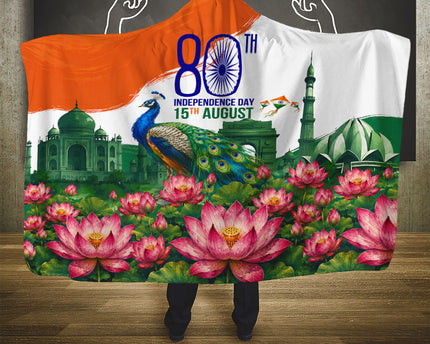 India 80th Independence Day Hooded Blanket India Gate Peacock Lotus Heritage Landmarks