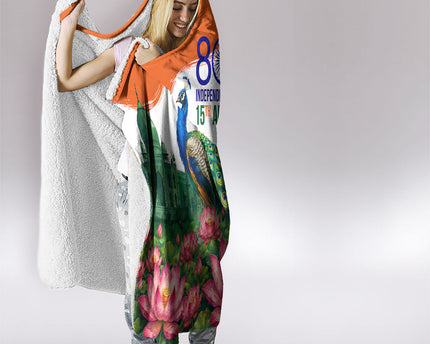 India 80th Independence Day Hooded Blanket India Gate Peacock Lotus Heritage Landmarks