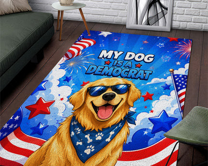 My Dog Is A Democrat Golden Retriever Area Rug Patriotic American Fireworks Cute Cartoon Dog