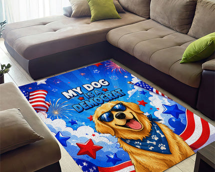 My Dog Is A Democrat Golden Retriever Area Rug Patriotic American Fireworks Cute Cartoon Dog