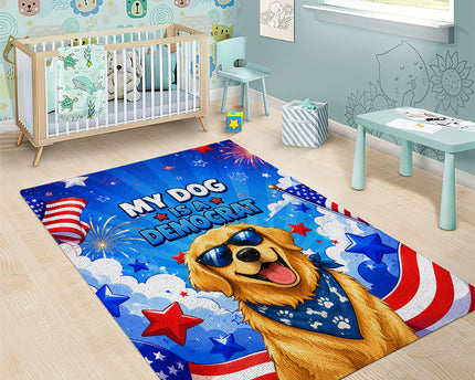 My Dog Is A Democrat Golden Retriever Area Rug Patriotic American Fireworks Cute Cartoon Dog