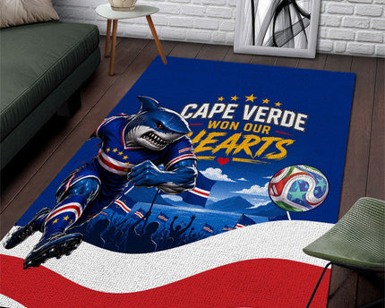 Cape Verde Won Our Hearts Soccer Area Rug Blue Sharks Football Mascot Patriotic National Team