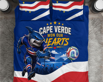Cape Verde Won Our Hearts Soccer Bedding Set Blue Sharks Football Mascot Patriotic National Team