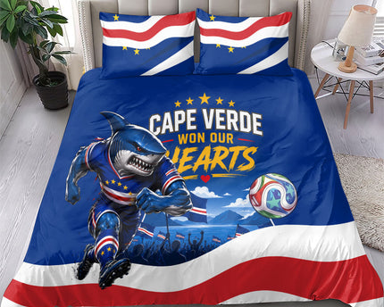 Cape Verde Won Our Hearts Soccer Bedding Set Blue Sharks Football Mascot Patriotic National Team