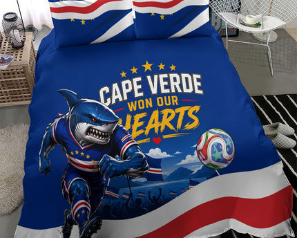 Cape Verde Won Our Hearts Soccer Bedding Set Blue Sharks Football Mascot Patriotic National Team