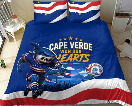 Cape Verde Won Our Hearts Soccer Bedding Set Blue Sharks Football Mascot Patriotic National Team
