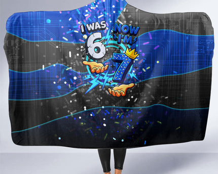 7th Birthday Boys Hooded Blanket I was 6 Now Im 7 Gaming And Tech Theme