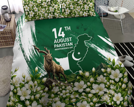 Pakistan Independence Day August 14 Bedding Set Patriotic Markhor Heritage Landmarks And Jasmine