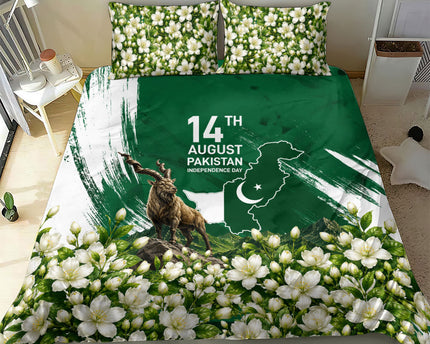 Pakistan Independence Day August 14 Bedding Set Patriotic Markhor Heritage Landmarks And Jasmine