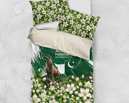 Pakistan Independence Day August 14 Bedding Set Patriotic Markhor Heritage Landmarks And Jasmine