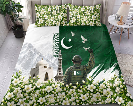 Pakistan Independence Day Bedding Set Patriotic Soldier Heritage Landmarks And Jasmine