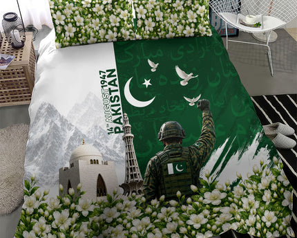 Pakistan Independence Day Bedding Set Patriotic Soldier Heritage Landmarks And Jasmine