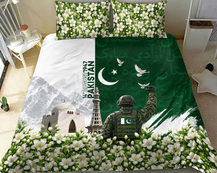 Pakistan Independence Day Bedding Set Patriotic Soldier Heritage Landmarks And Jasmine