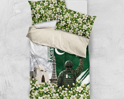 Pakistan Independence Day Bedding Set Patriotic Soldier Heritage Landmarks And Jasmine