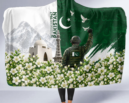 Pakistan Independence Day Hooded Blanket Patriotic Soldier Heritage Landmarks And Jasmine
