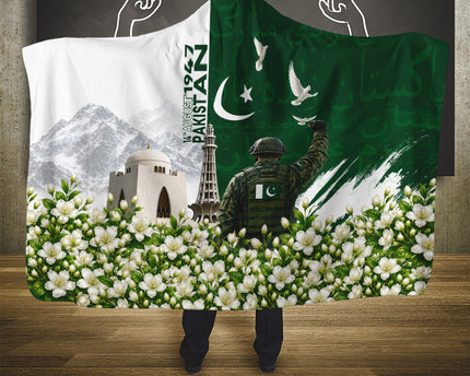 Pakistan Independence Day Hooded Blanket Patriotic Soldier Heritage Landmarks And Jasmine