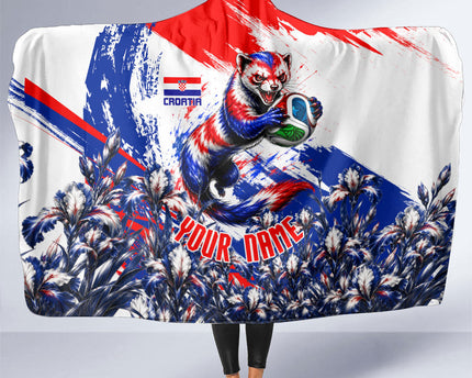 Personalized Croatia Marten Soccer Hooded Blanket Croatian Flag Abstract Brush Stroke