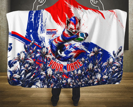 Personalized Croatia Marten Soccer Hooded Blanket Croatian Flag Abstract Brush Stroke
