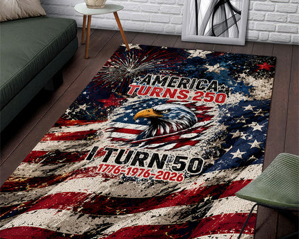 America Turns 250 Happy 50th Birthday Area Rug Patriotic Eagle US Flag Distressed Splatter