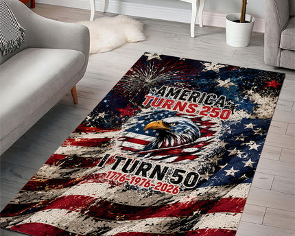 America Turns 250 Happy 50th Birthday Area Rug Patriotic Eagle US Flag Distressed Splatter