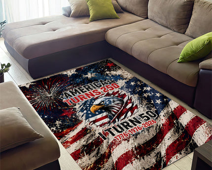 America Turns 250 Happy 50th Birthday Area Rug Patriotic Eagle US Flag Distressed Splatter
