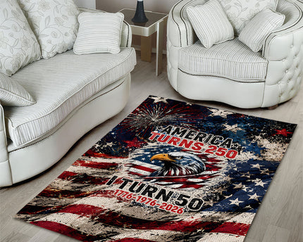 America Turns 250 Happy 50th Birthday Area Rug Patriotic Eagle US Flag Distressed Splatter