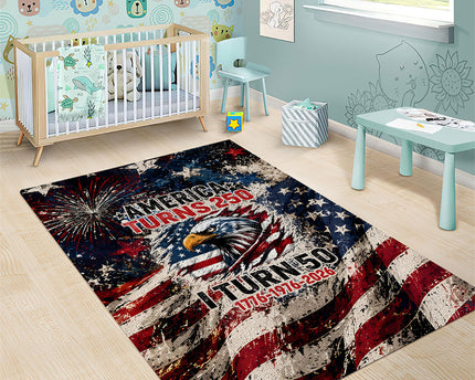 America Turns 250 Happy 50th Birthday Area Rug Patriotic Eagle US Flag Distressed Splatter