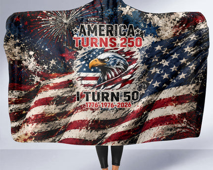 America Turns 250 Happy 50th Birthday Hooded Blanket Patriotic Eagle US Flag Distressed Splatter