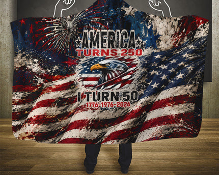 America Turns 250 Happy 50th Birthday Hooded Blanket Patriotic Eagle US Flag Distressed Splatter