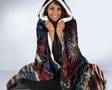 America Turns 250 Happy 50th Birthday Hooded Blanket Patriotic Eagle US Flag Distressed Splatter