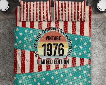 America Vintage 1976 50th Birthday Bedding Set Retro Sunset Patriotic